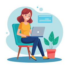a girl is using his laptop vector