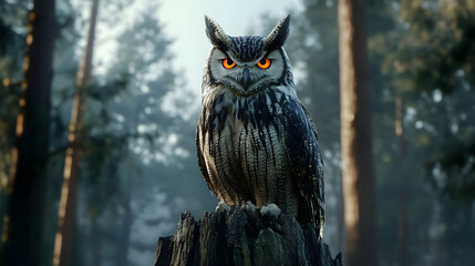 Majestic owl with intense orange eyes perched on forest stump at dawn