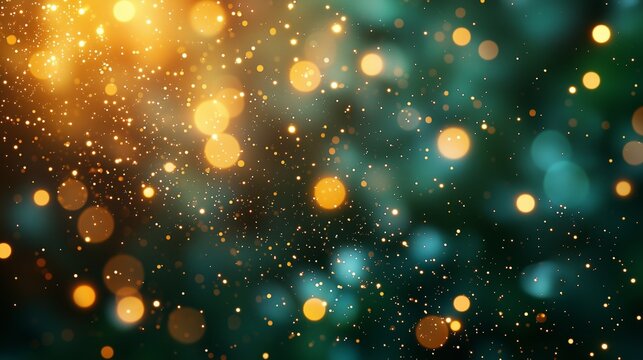 Festive bokeh background with golden lights sparkle on deep green background, vibrant sapphire dots blend with amber glow, subtle shimmer enhances magical atmosphere, evokes celebration and joy