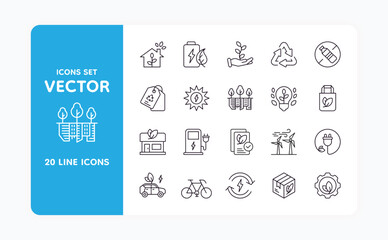 Green energy icons. Eco line signs. Save water. Park trees. Renewable energy. City buildings. CO2 pollution in air. Recycle or environmental treatment. Vector ecology pictograms set