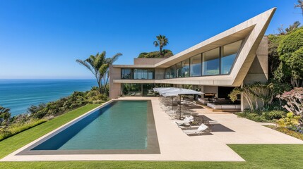 Fototapeta premium Modern luxury villa with stunning ocean view, contemporary architecture, and serene outdoor space