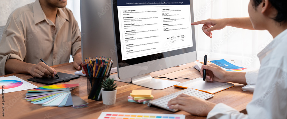 Poster digital legal contract provide terms and conditions document on computer screen ready for online dig