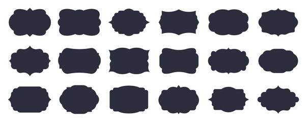 Vintage shapes. Royal label frame, shield sticker with retro crest silhouette. Elegant luxury king symbol. Different simple forms. Retro style stickers. Vector badge isolated illustration