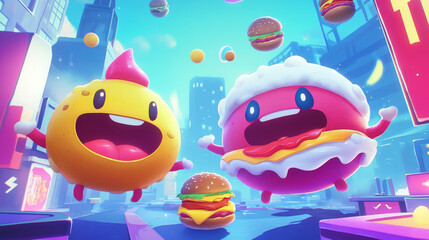 Fototapeta premium Mobile arcade food planets adventure game, cartoon landing page with egg, burger, salmon fish and ice cream spheres in space, start or download buttons. Cosmic funny galaxy world, Vector web banner