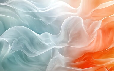 Obraz premium A soft, flowing abstract design featuring layers of translucent fabric in white, blue, and orange tones, creating a serene and dynamic visual effect.