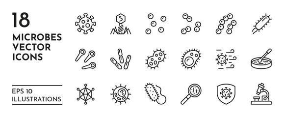 Bacteria icon. Microbiology logo. Virus line cell or bacterium pathogen mold in petri dish. Gut and HIV microbe. Dust biology pollen. Laboratory diagnostic. Vector medical symbols set
