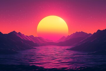 Fototapeta premium A vibrant sunset casts pink and orange hues over tranquil waters, framed by silhouetted mountains, creating a serene atmosphere.