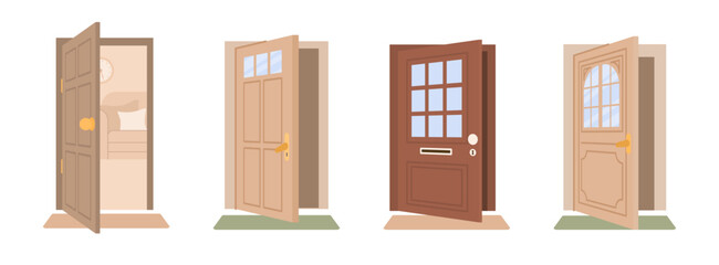 Door closing and opening. Home entrance. Wooden frame. Apartment entry. Window and doorknob. Ajar house exit. Return and leaving. Apartment entry. Building doorpost. Vector doorways set