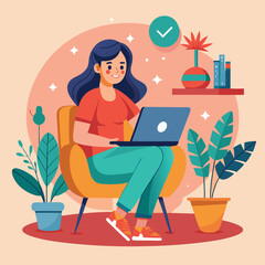 a girl is using his laptop vector