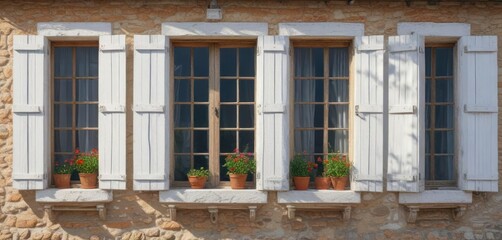Fototapeta premium White shutters and windows on an old village house in the countryside, old house, timber frame