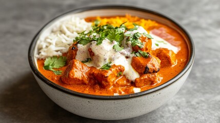 An elegant, gourmet tikka masala bowl with symmetrical arrangement of ingredients, complemented by saffron-infused butter drizzle