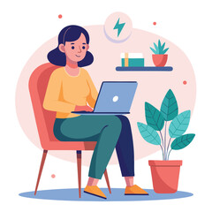 a girl is using his laptop vector
