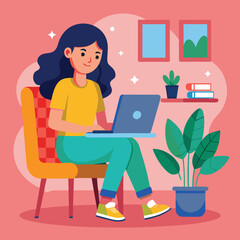 a girl is using his laptop vector