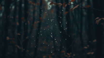 Glistening droplets hang delicately on a spider's web in a misty forest at dawn, creating a mystical atmosphere