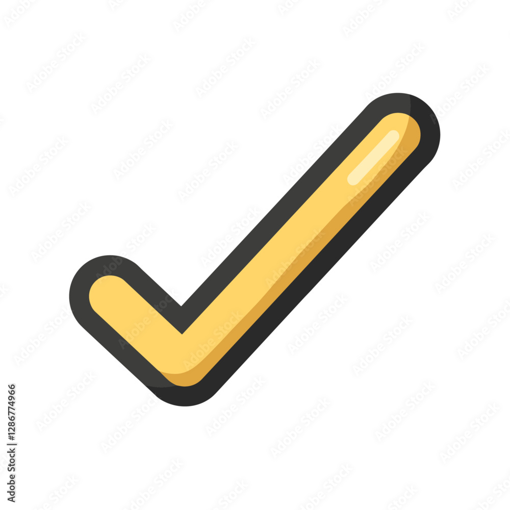 Poster yellow check mark icon with a bold outline indicating completion or validation isolated against a fl