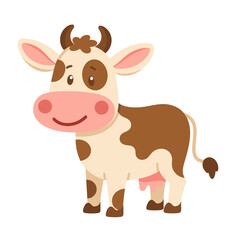 A charming cartoon cow with a gentle smile and warm brown spots standing playfully A delightful image for children's content