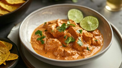 Tikka masala elegantly spooned onto a sleek white plate, with turmeric-dusted papadam crisps and a garnish of lime zest