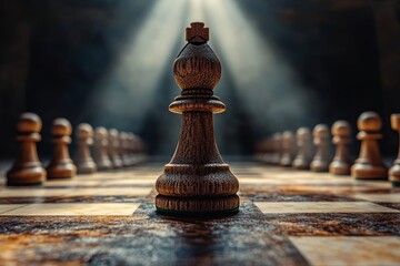 Triumph in the game of chess, with the queen positioned at the forefront and numerous defeated pieces scattered in the background, as depicted in a 3D rendered illustration