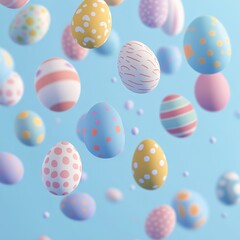 Fototapeta premium Adorable Colorful Easter Eggs Falling: Festive Spring Background, Perfect for Easter Cards, Invitations, Banners, Websites, and Social Media Posts. 