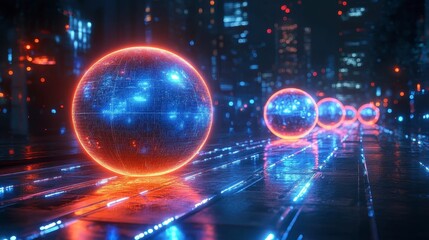 Futuristic spheres glowing in a cityscape at nighttime