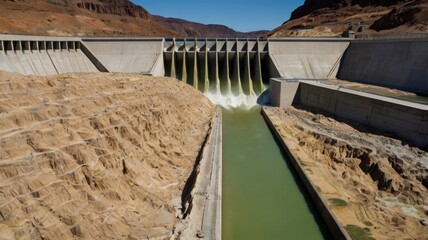 Marvel of engineering showcases the water flow and surrounding landscape at a vast dam in a sunlit valley
