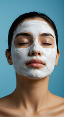 Fototapeta premium Beauty portrait of young woman with closed eyes enjoying a facial cosmetic treatment, wearing a white face mask on blue background.