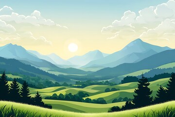 Fototapeta premium Serene Mountain Valley Landscape at Sunrise