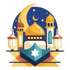 Fototapeta premium Ramadan Kareem banner, poster, greeting card, cover design with mosque, crescent moon, stars and typography in flat geometric style. vector illustation