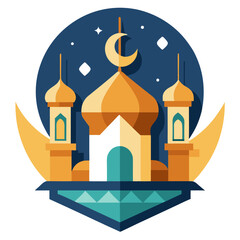 Fototapeta premium Ramadan Kareem banner, poster, greeting card, cover design with mosque, crescent moon, stars and typography in flat geometric style. vector illustation