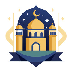 Ramadan Kareem banner, poster, greeting card, cover design with mosque, crescent moon, stars and typography in flat geometric style. vector illustation