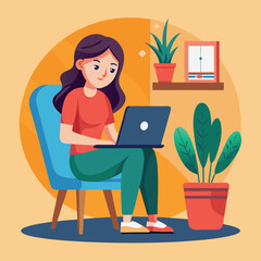 a girl is using his laptop vector