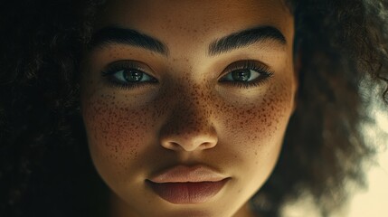 Tender woman with freckles exudes warmth in a soft, natural portrait.
