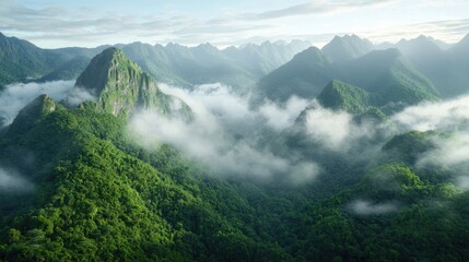 Misty mountain range sunrise aerial view; nature background