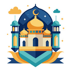 Ramadan Kareem banner, poster, greeting card, cover design with mosque, crescent moon, stars and typography in flat geometric style. vector illustation