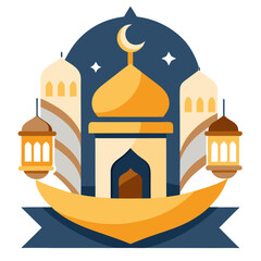 Ramadan Kareem banner, poster, greeting card, cover design with mosque, crescent moon, stars and typography in flat geometric style. vector illustation