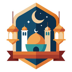 Ramadan Kareem banner, poster, greeting card, cover design with mosque, crescent moon, stars and typography in flat geometric style. vector illustation