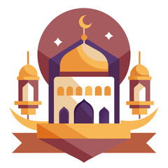 Ramadan Kareem banner, poster, greeting card, cover design with mosque, crescent moon, stars and typography in flat geometric style. vector illustation