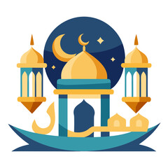 Ramadan Kareem banner, poster, greeting card, cover design with mosque, crescent moon, stars and typography in flat geometric style. vector illustation