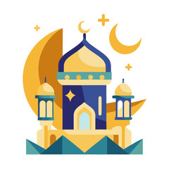 Ramadan Kareem banner, poster, greeting card, cover design with mosque, crescent moon, stars and typography in flat geometric style. vector illustation