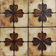 Vintage Inspired Ceramic Tile Square Background with Dark Brown Floral Accent