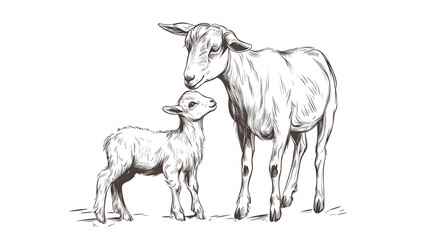 Fototapeta premium Illustration of a mother goat and her kid in a warm, affectionate pose 