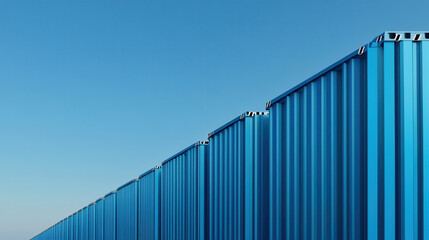 Fototapeta premium Shipping container stacks against clear blue sky industrial landscape wide angle view modern transport concept