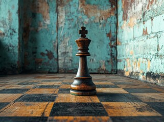 The shadow of coronation cast by a pawn chess piece on a concrete wall glorifies its magical transformation into a king, representing business aspirations and the concept of leadership