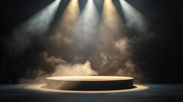 Circular empty stage glows under bright golden spotlights, against dark backdrop, misty white haze swirls, sleek gray platform shines, dramatic theater scene with beams illuminate