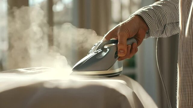 1_Person ironing clothes with steam rising from the iron