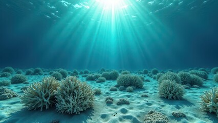 Fototapeta premium Underwater view of bleached coral reef with sun rays penetrating clear ocean water 