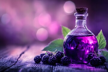 Deep Purple Blackberry Extract in Glass Bottle with Fresh Berries on Rustic Wood