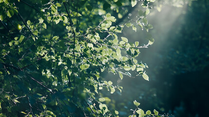 Fototapeta premium Sunlit green leaves with soft rays in a tranquil natural setting