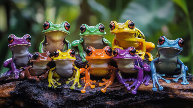 Cute aquatic and tropical frog character of different colors and species. Sitting on floor comic childish toad animal. Cartoon vector illustration set of funny amphibian creature and froglet mascot.