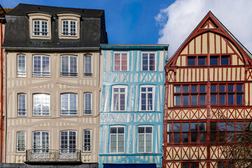 ROUEN, NORMANDY, FRANCE - 2025: typical facades of colorful medieval half timbered houses in...